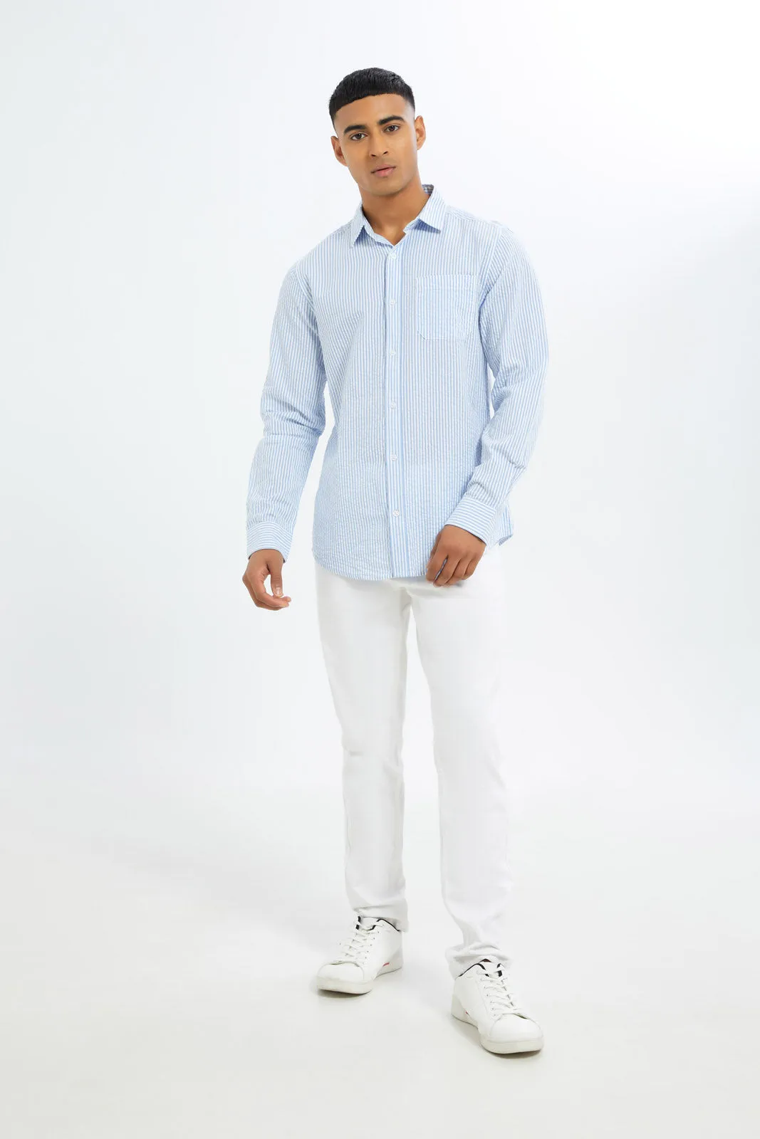 Men Blue Plain Sucker Shirt