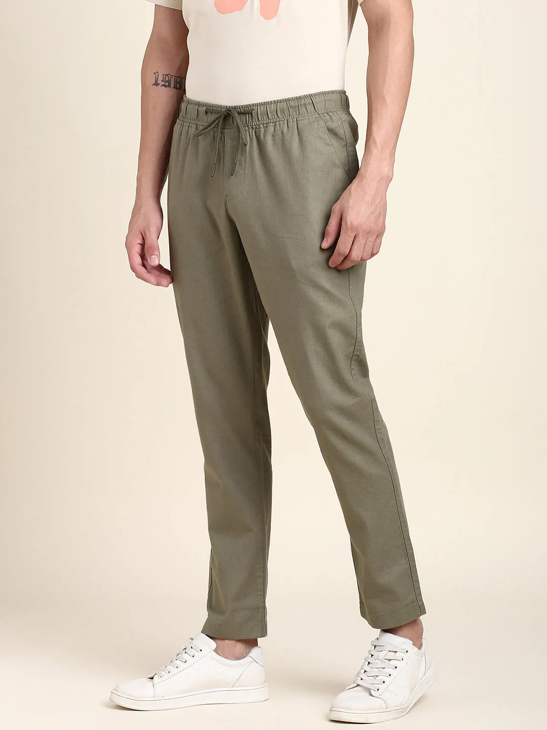 Men's Light Olive Solid Linen Trouser