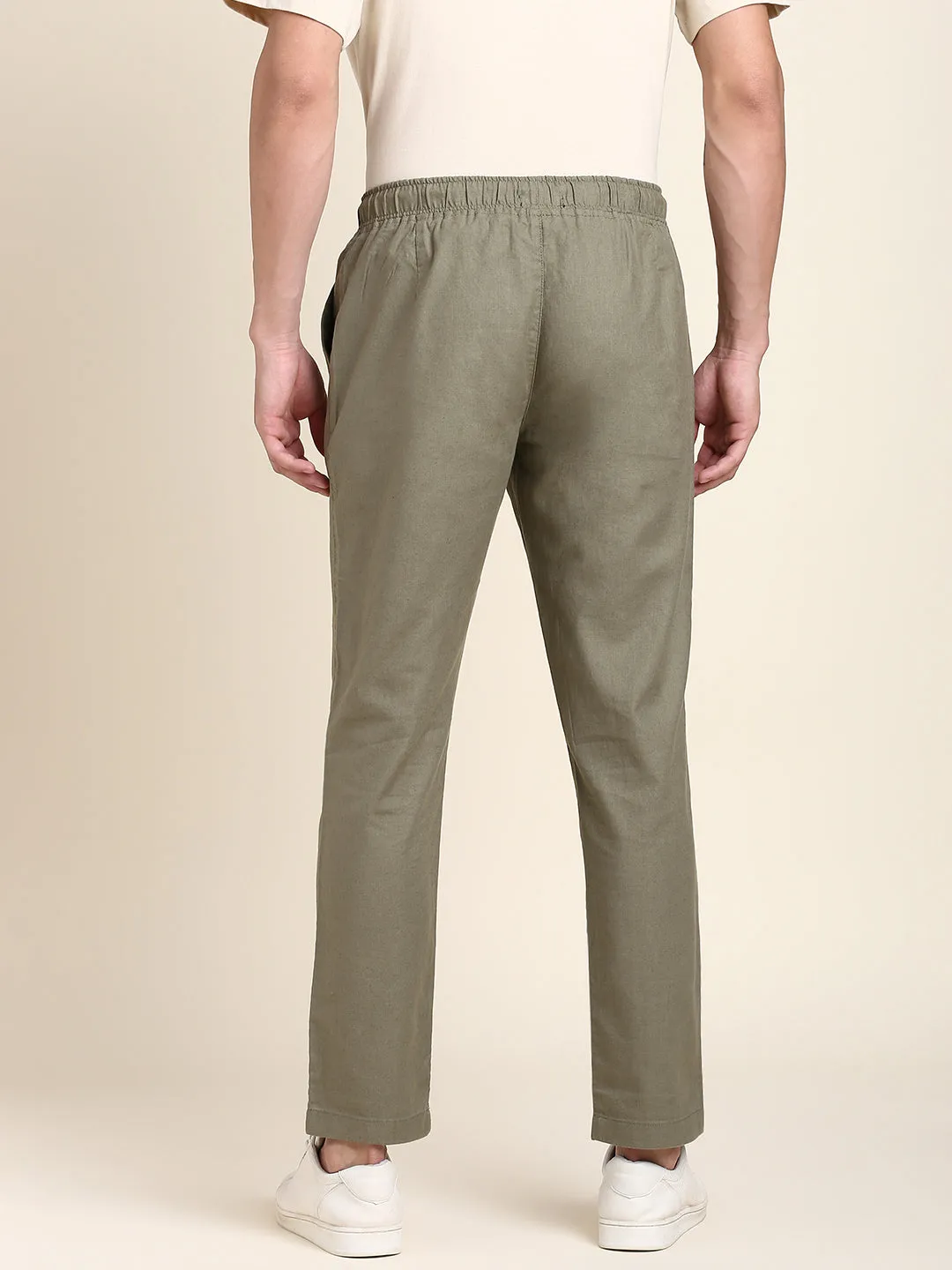 Men's Light Olive Solid Linen Trouser