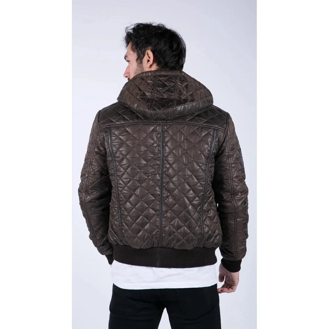 Mens Quilted Hooded Puffer Jacket Brown Badge Bomber Pilot Air Force