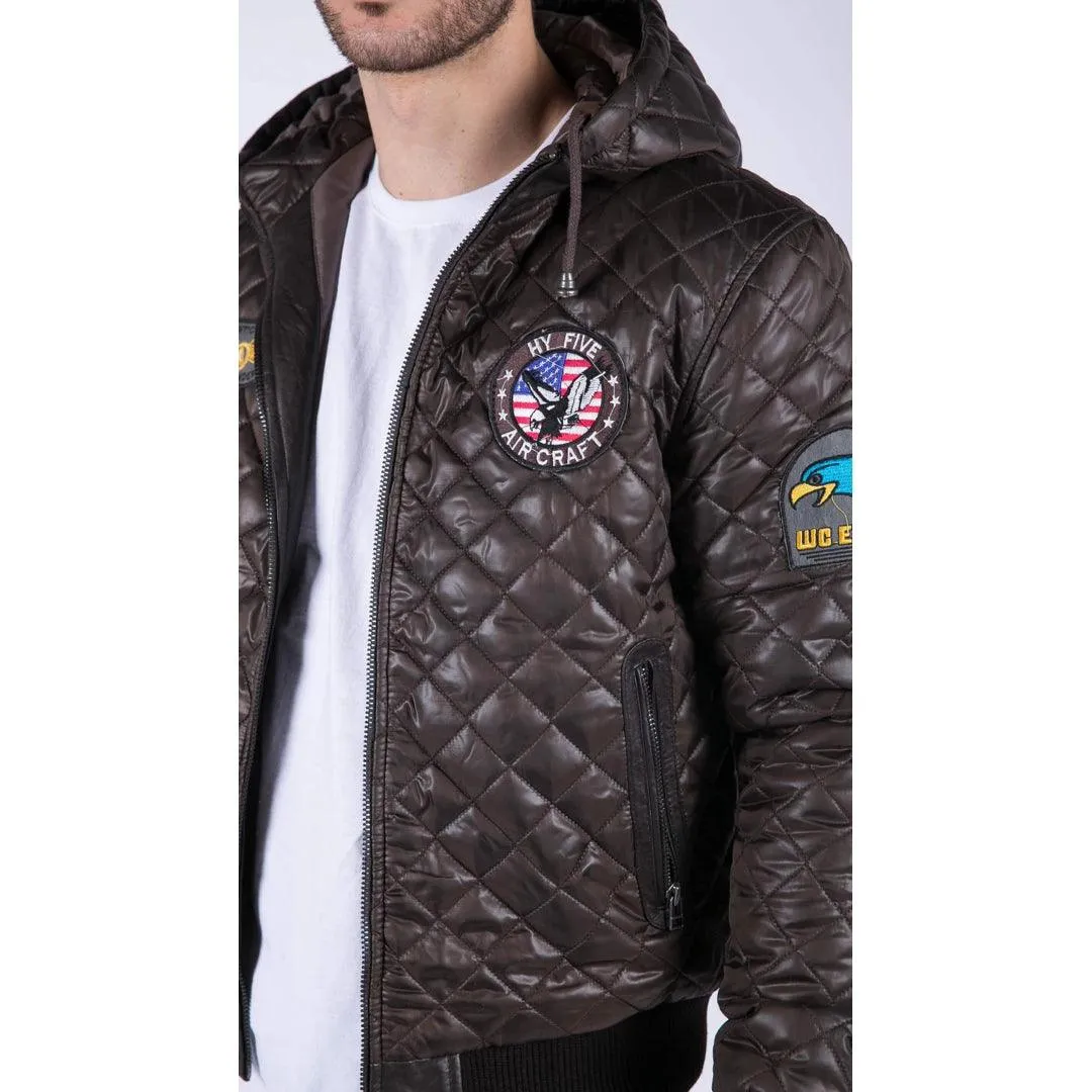 Mens Quilted Hooded Puffer Jacket Brown Badge Bomber Pilot Air Force