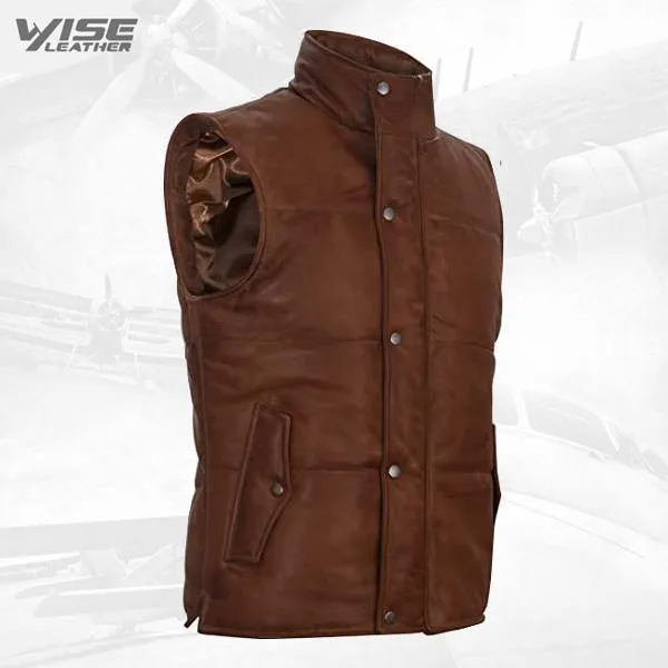 Men's Tan Leather Puffer Padded Vest