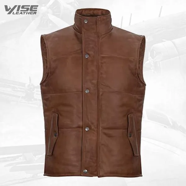 Men's Tan Leather Puffer Padded Vest