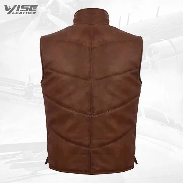 Men's Tan Leather Puffer Padded Vest