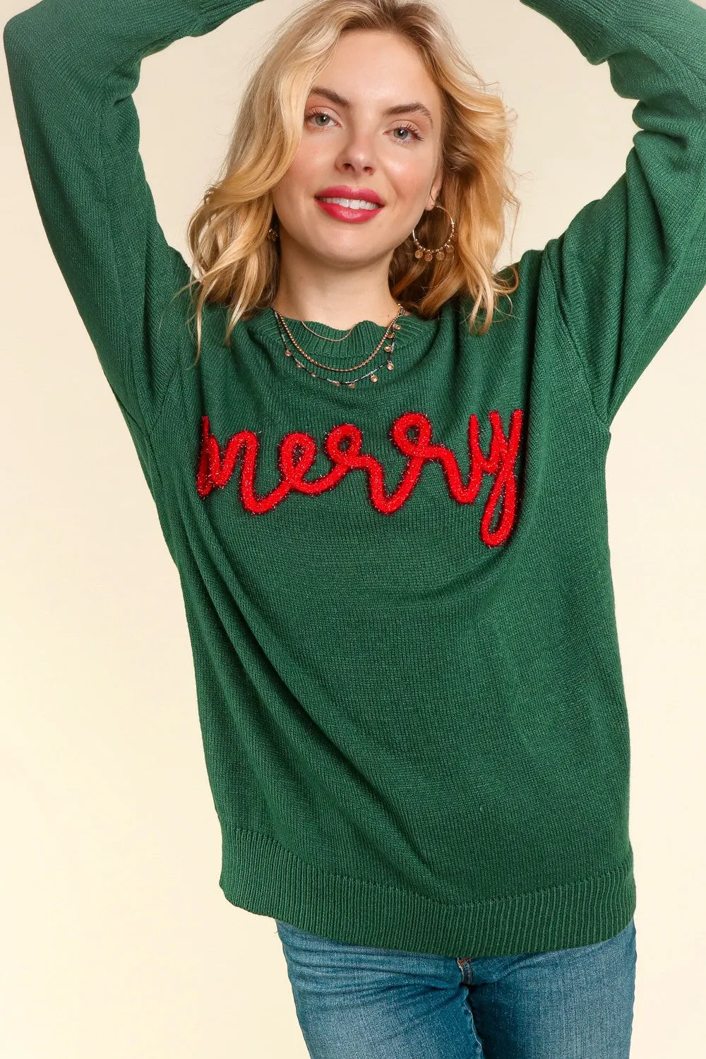 'Merry' Pop-Up Letter Knit Pullover - Green