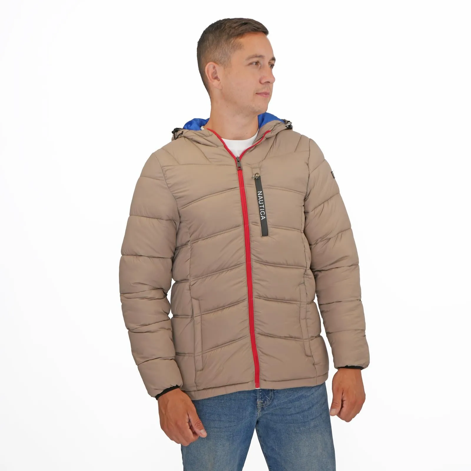 Nautica Mens Performance N83 Hooded Puffer Jacket Tan