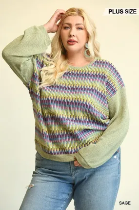 Novelty Knit And Solid Knit Mixed Loose Top With Drop Down Shoulder Voluptuous ( ) Size- 2 colors - Ships from The US