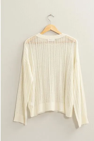 Openwork Ribbed Trim Long Sleeve Knit Top