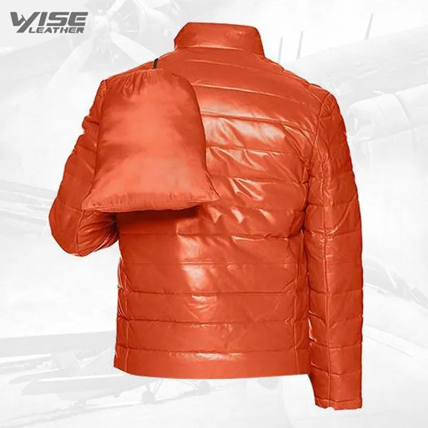 Orange Men’s Packable Leather Down Puffer Jacket