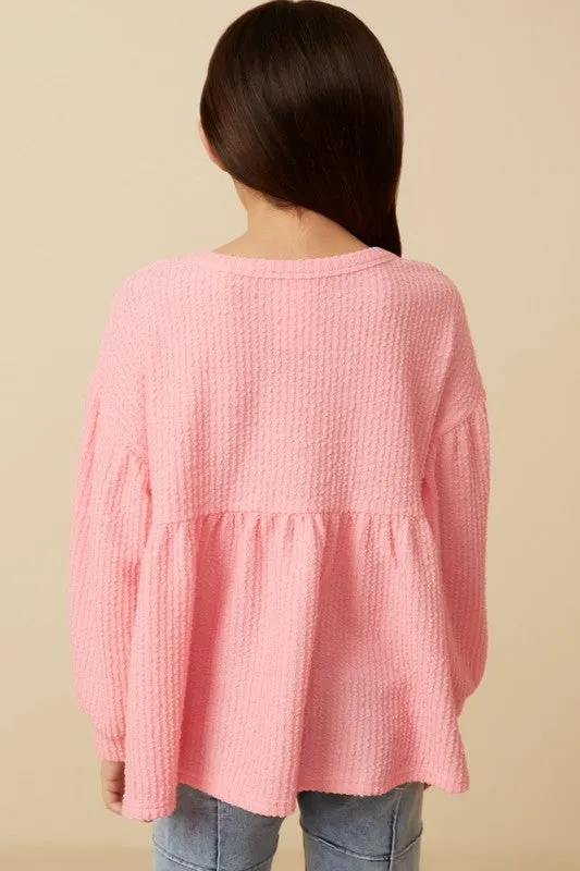 Pink Textured Rib Puff Sleeve Peplum Knit Top