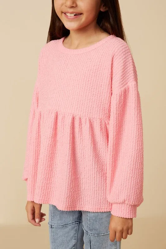 Pink Textured Rib Puff Sleeve Peplum Knit Top