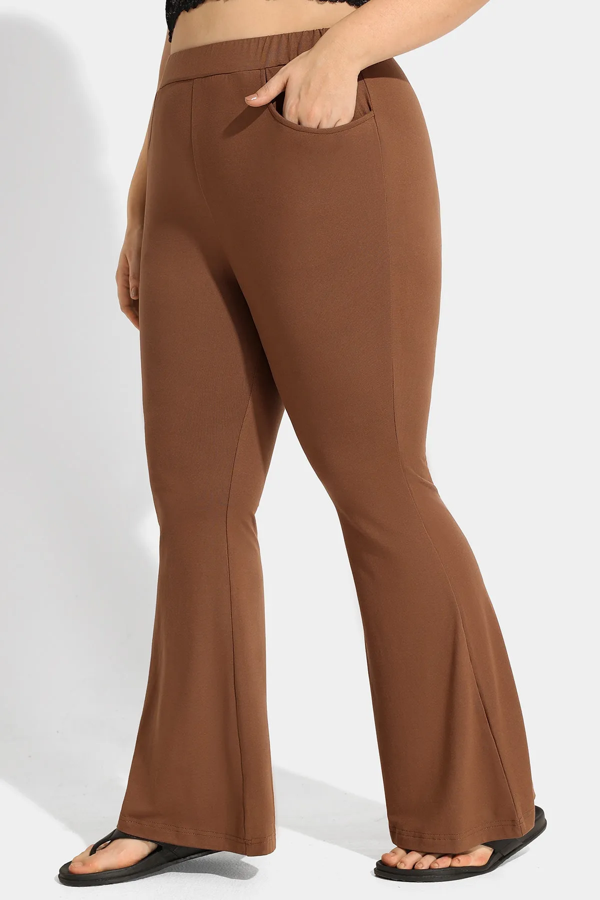 Plain Flared Rise Waist Pocket Wide Leg Pants