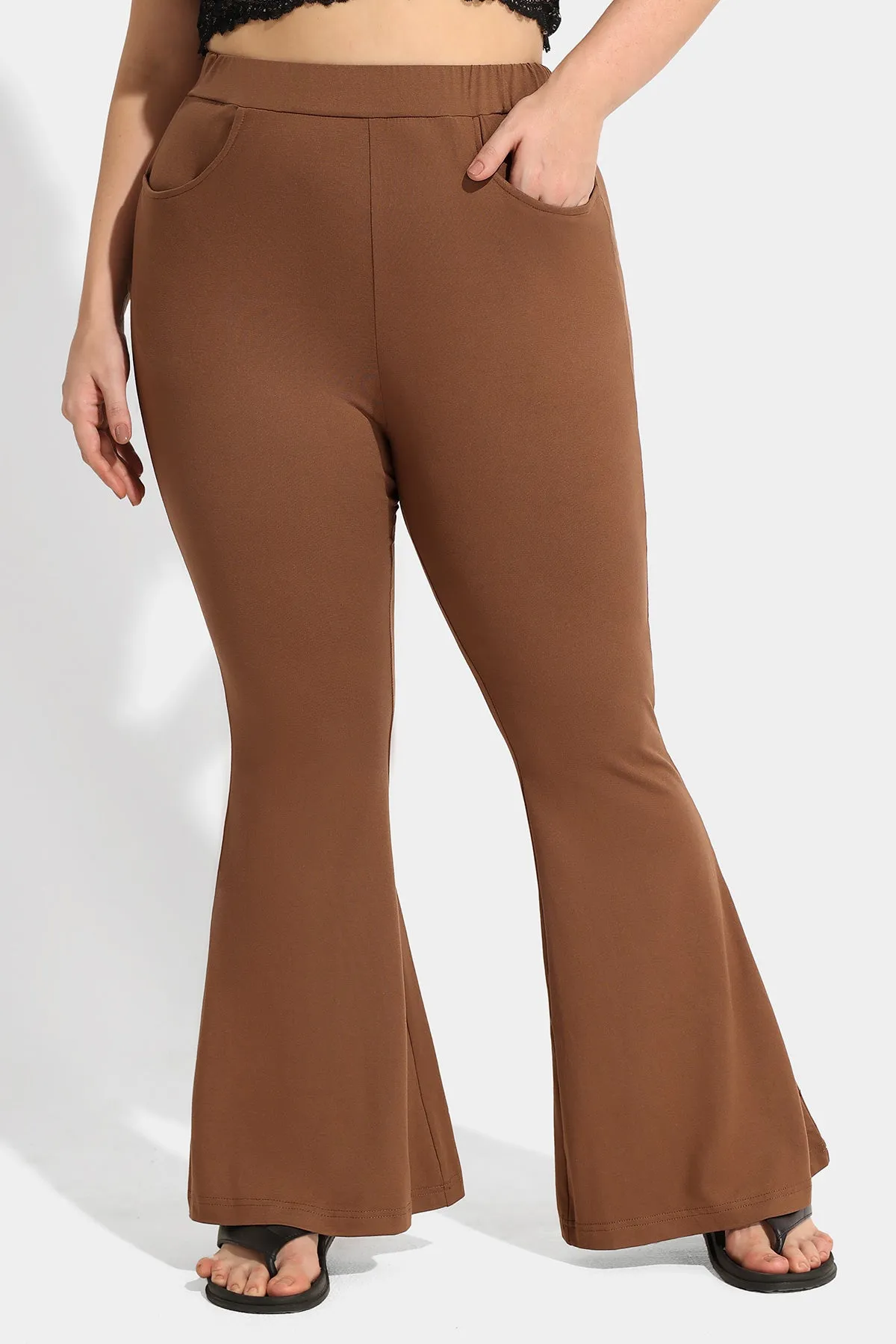 Plain Flared Rise Waist Pocket Wide Leg Pants