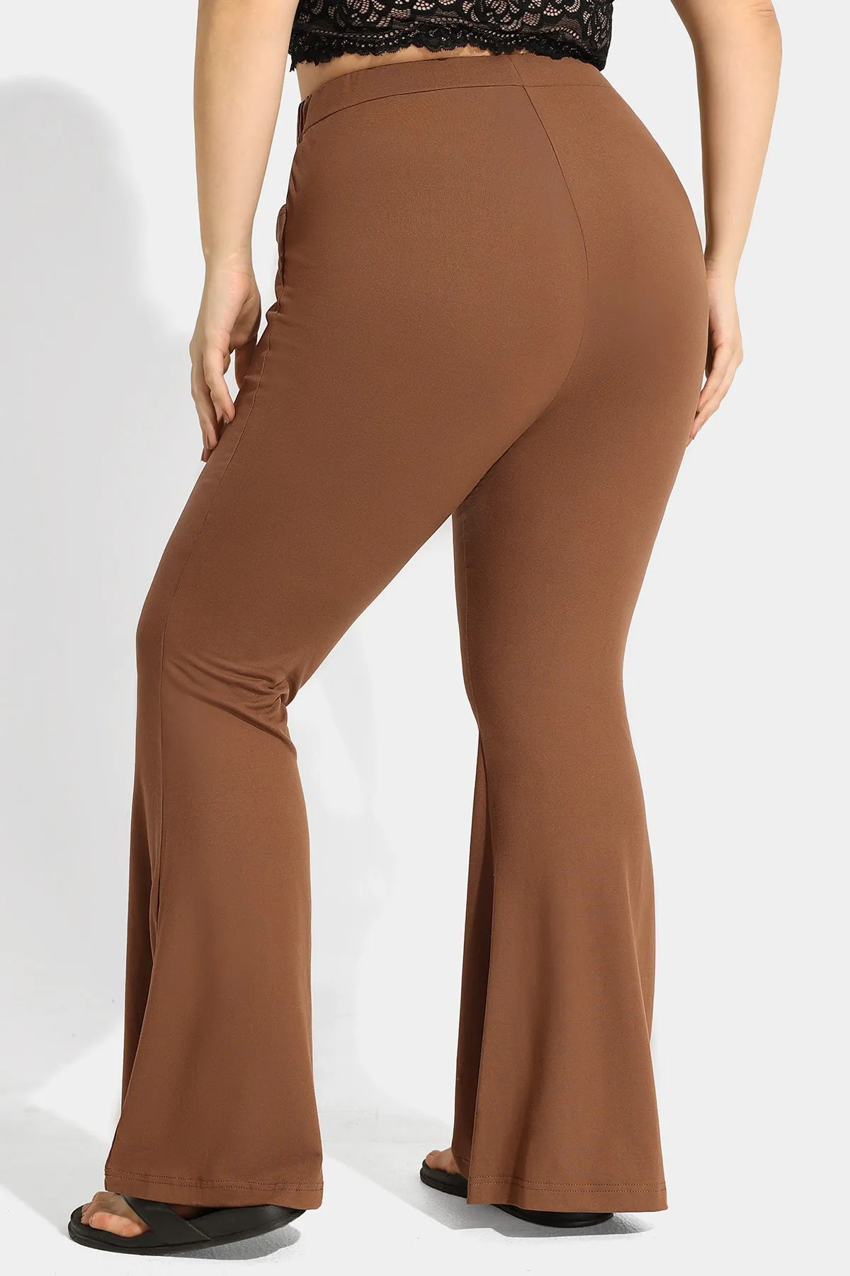 Plain Flared Rise Waist Pocket Wide Leg Pants