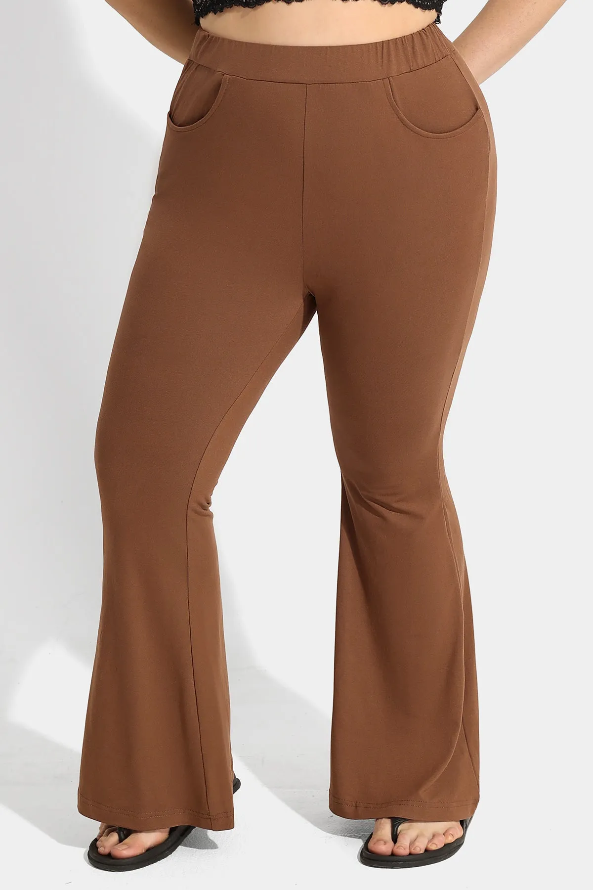 Plain Flared Rise Waist Pocket Wide Leg Pants