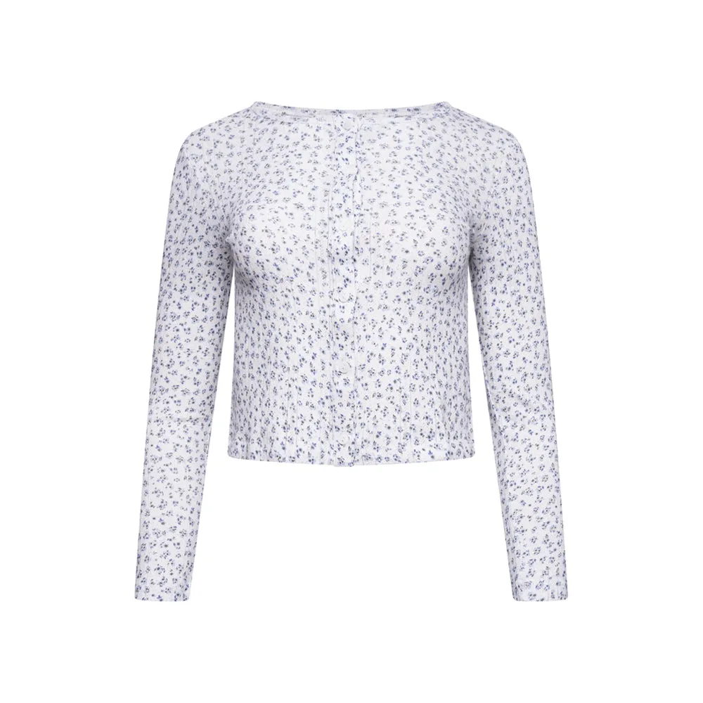 Pointelle Long Sleeved Top- Blue Floral