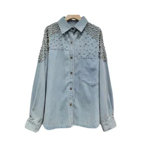 Pre Order:  Diamond Studded Loose Denim Shirt