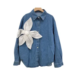 Pre Order:  Nail Bead 3D Flower Splicing Denim Shirt