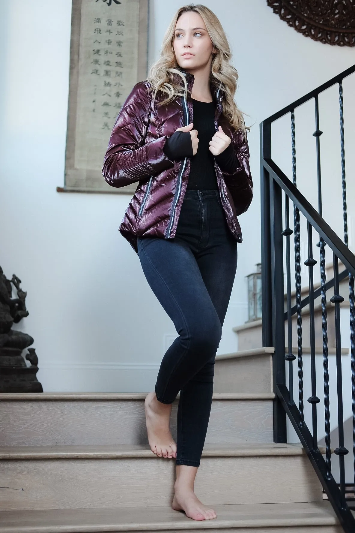 Puffer Jacket with Zip Down Hood Mulberry