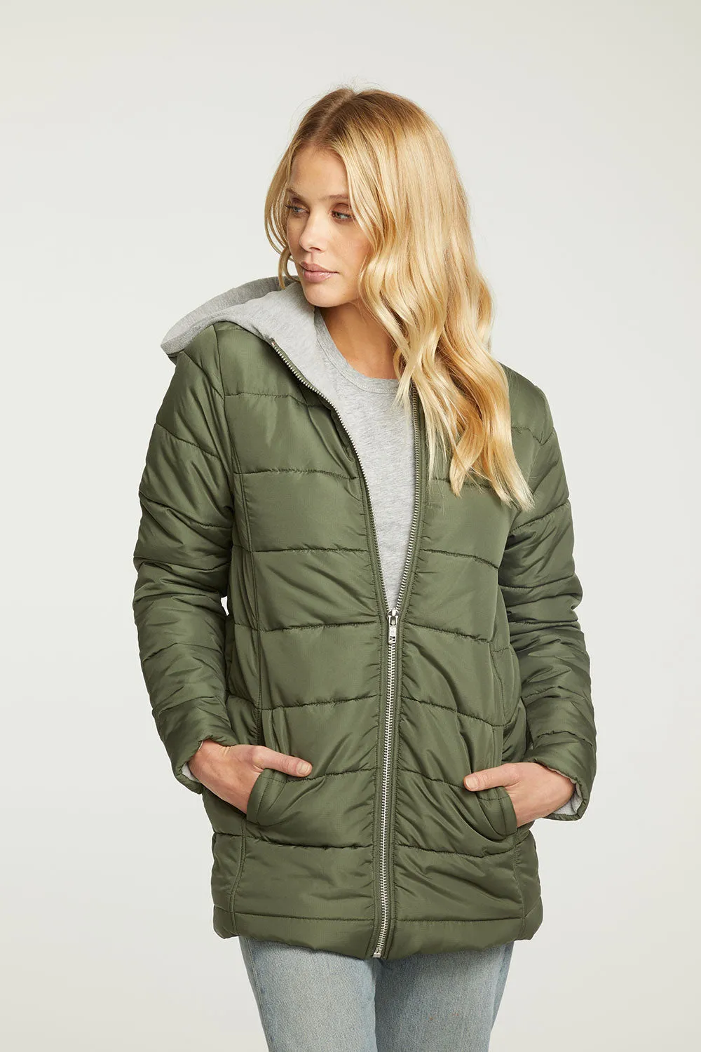 Quilted Hooded Long Puffer Zip Up Jacket