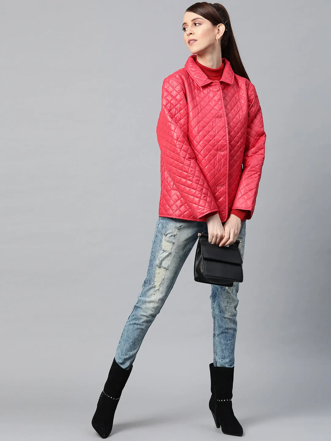 Red Collared Quilted Puffer Jacket