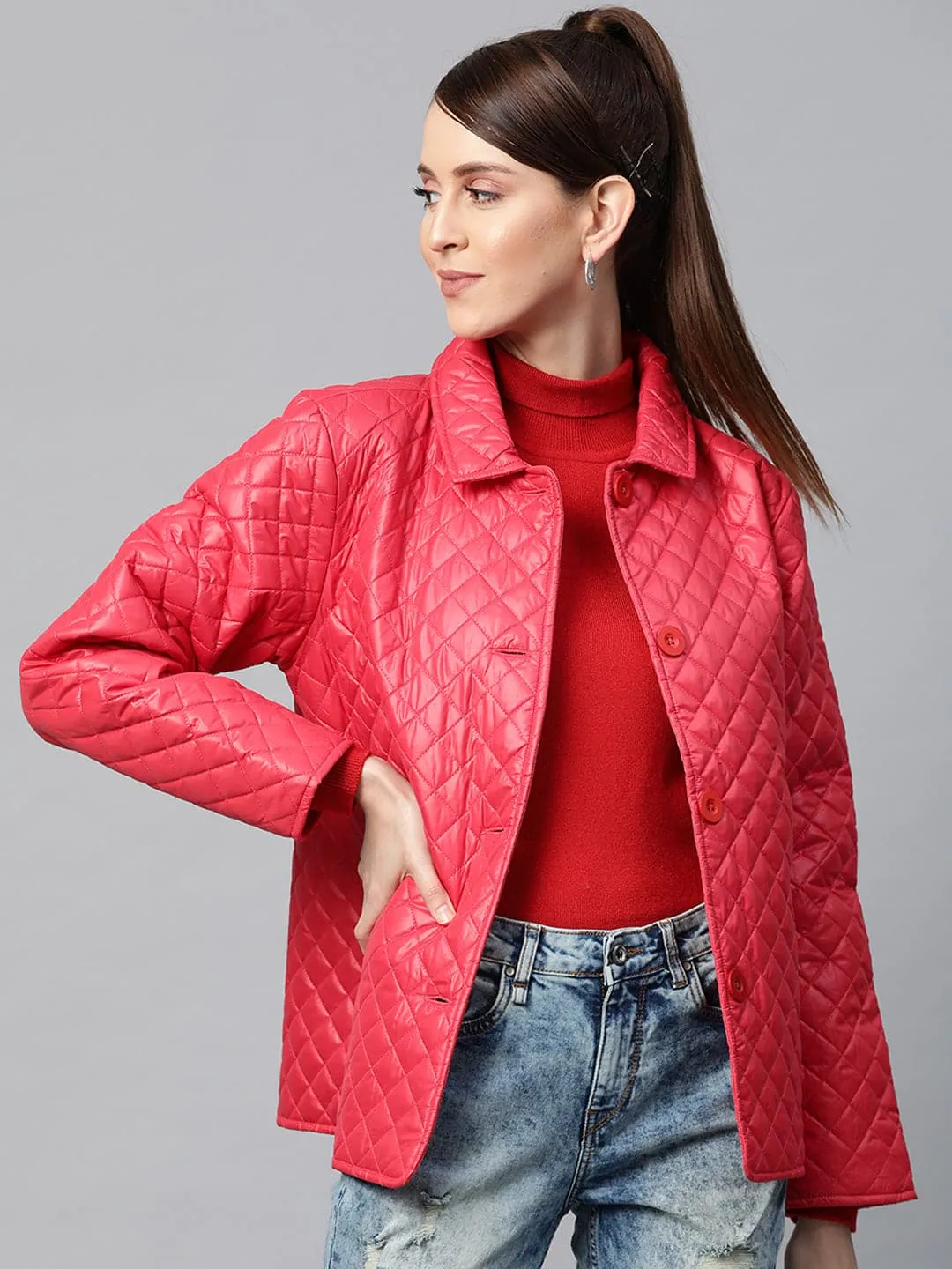 Red Collared Quilted Puffer Jacket