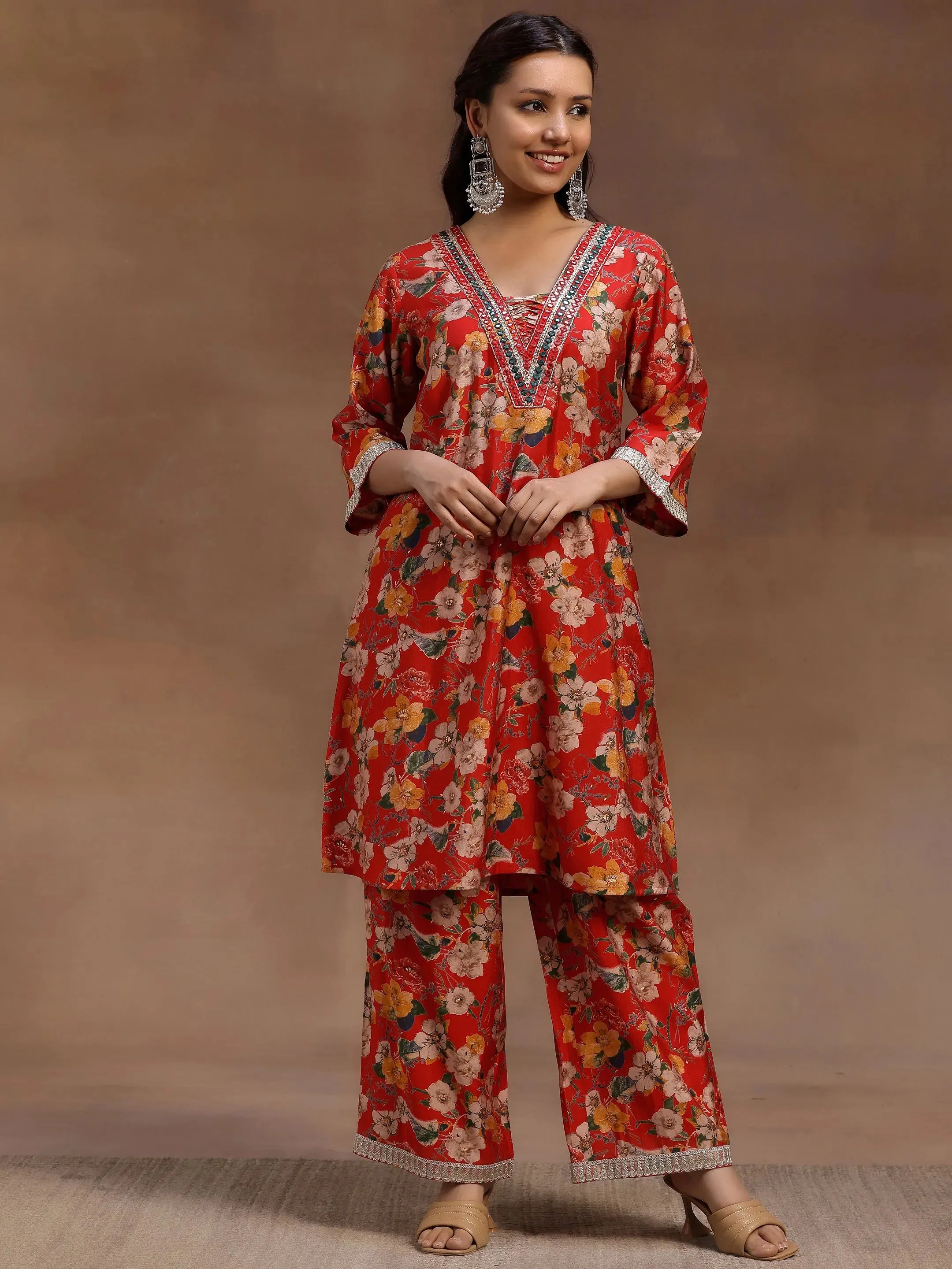 Red Printed Silk Blend Co-Ords