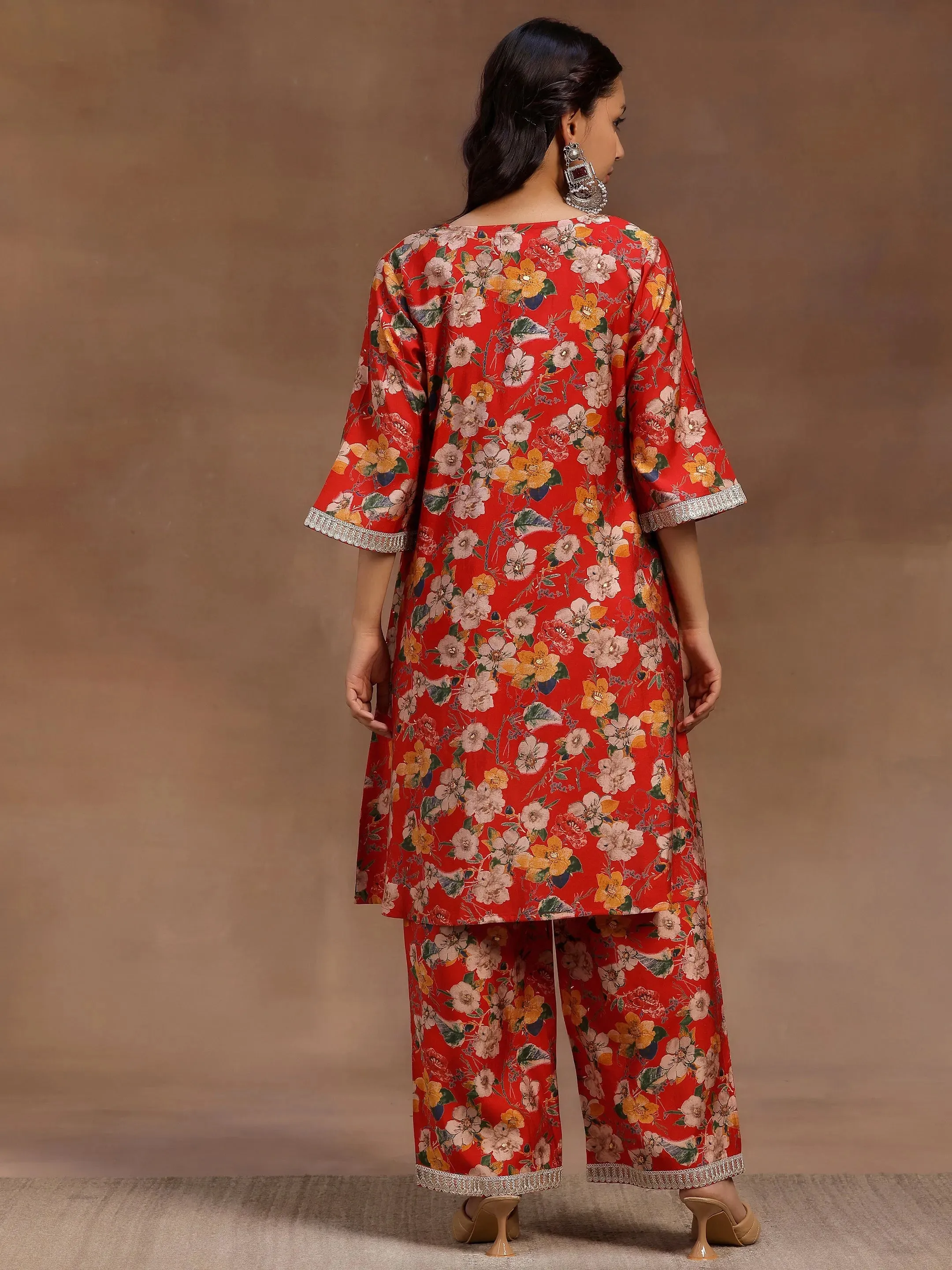 Red Printed Silk Blend Co-Ords