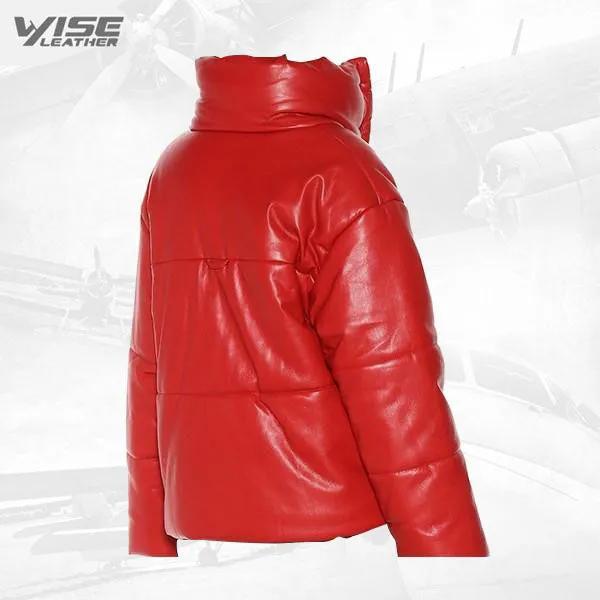 Red Real Leather Puffer Jacket Bubble Jacket