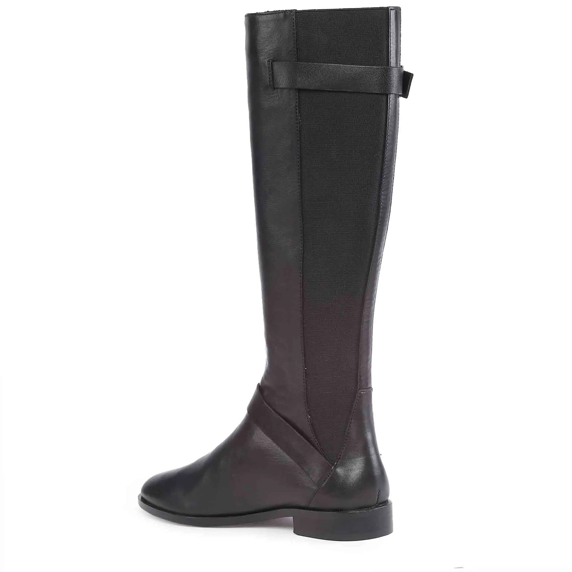 Saint Delores Black Crust Leather Buckle Decor Knee High Boots