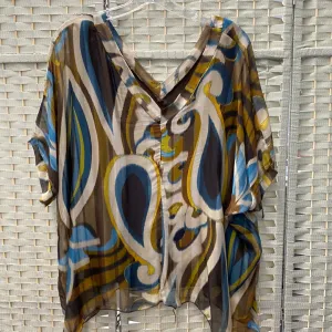 Silk V-Neck Swirl Short Sleeve-Brown/Blue