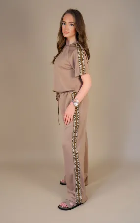 Taupe Contrast Leopard Striped Straight Leg Jogger and Tshirt Co-ord