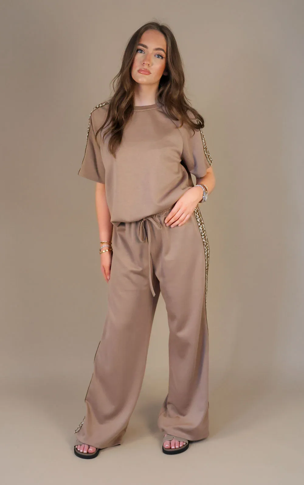 Taupe Contrast Leopard Striped Straight Leg Jogger and Tshirt Co-ord