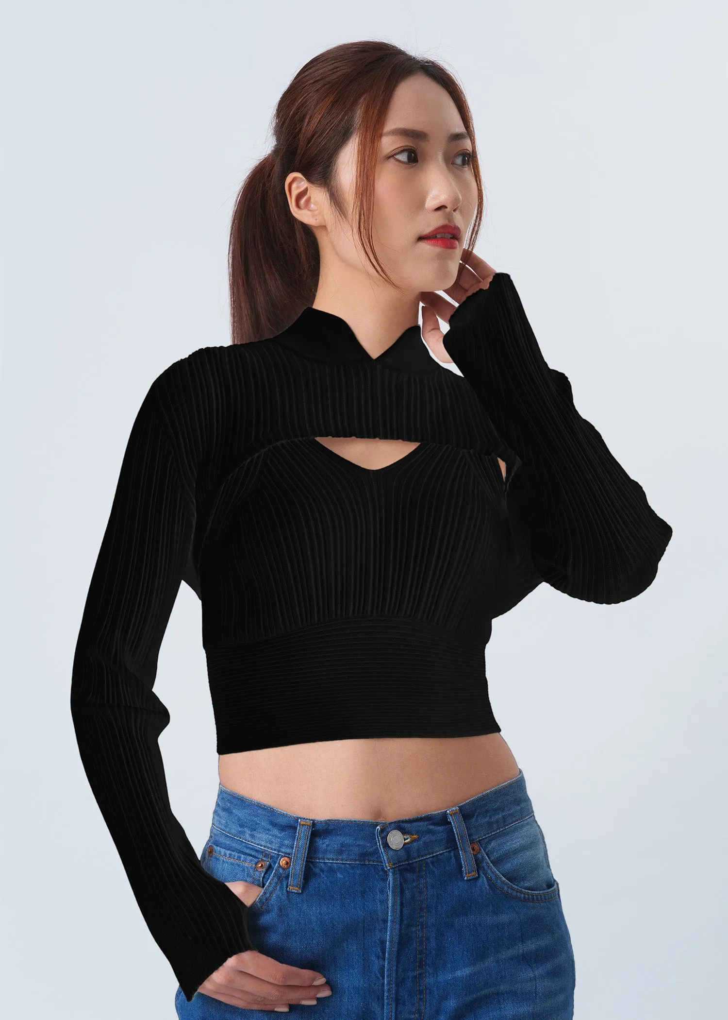 Two Piece Knitted Qipao Co-ord Set (Black)