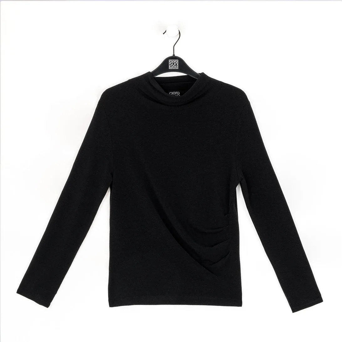 Ultra Cozy - Draped Neck Side Ruched Sweater Top - Black - Final Sale!