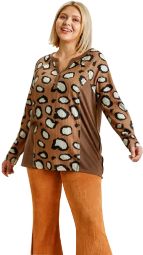 Umgee Plus Animal Print Waffle Knit Top