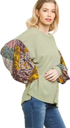 Umgee Sage Paisley Waffle Knit Top