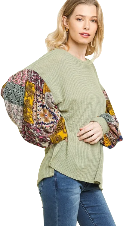 Umgee Sage Paisley Waffle Knit Top