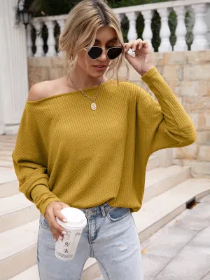 Waffle-Knit Boat Neck Long Sleeve Top