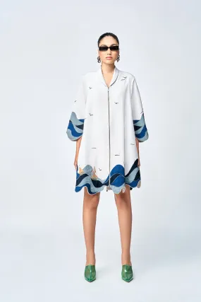 WAVES AND BOATS SHAWL COLLAR FLARED DRESS