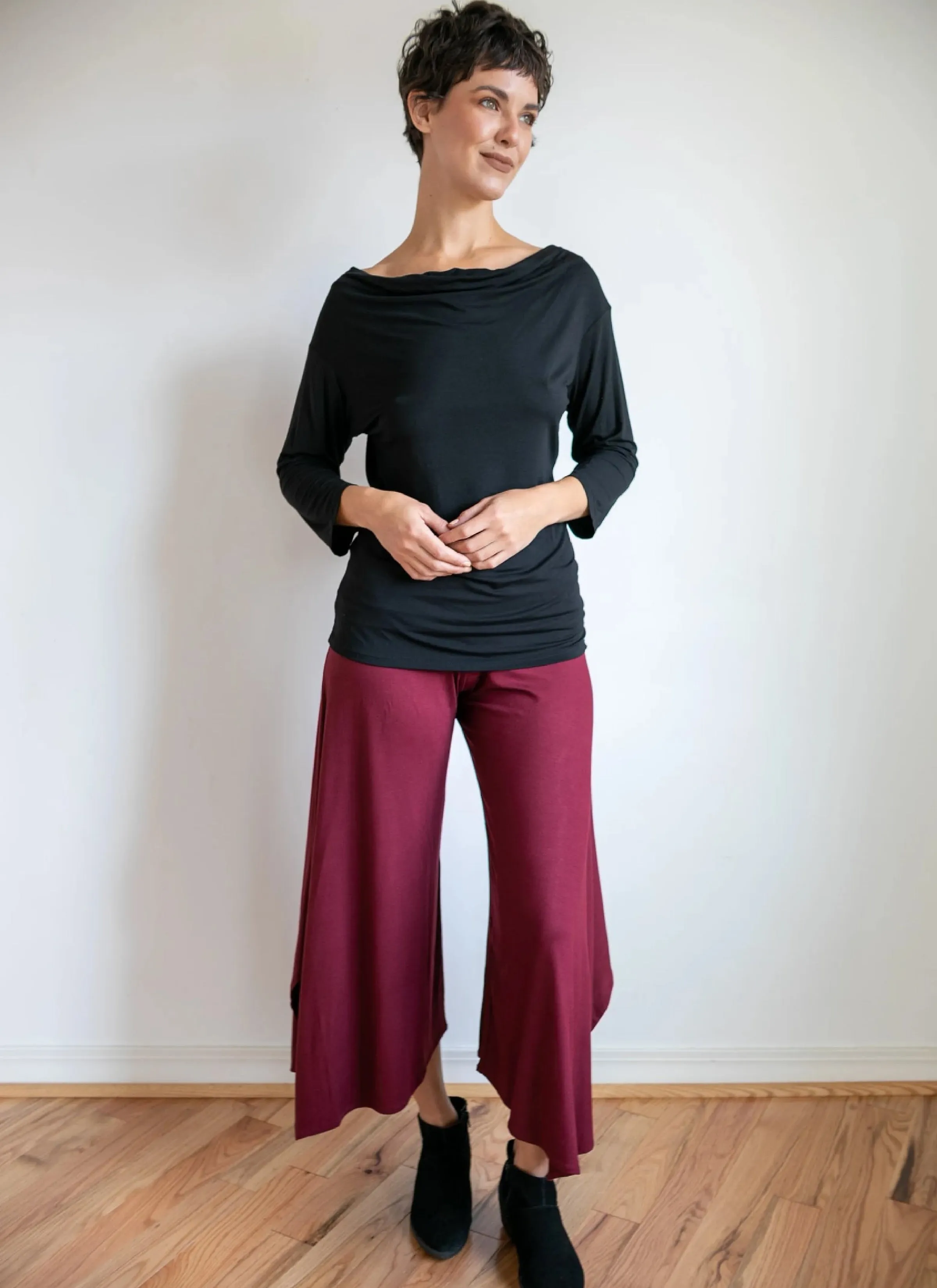 Wide Leg High Waist Gaucho Pants with Fold Over Waistband in Burgundy