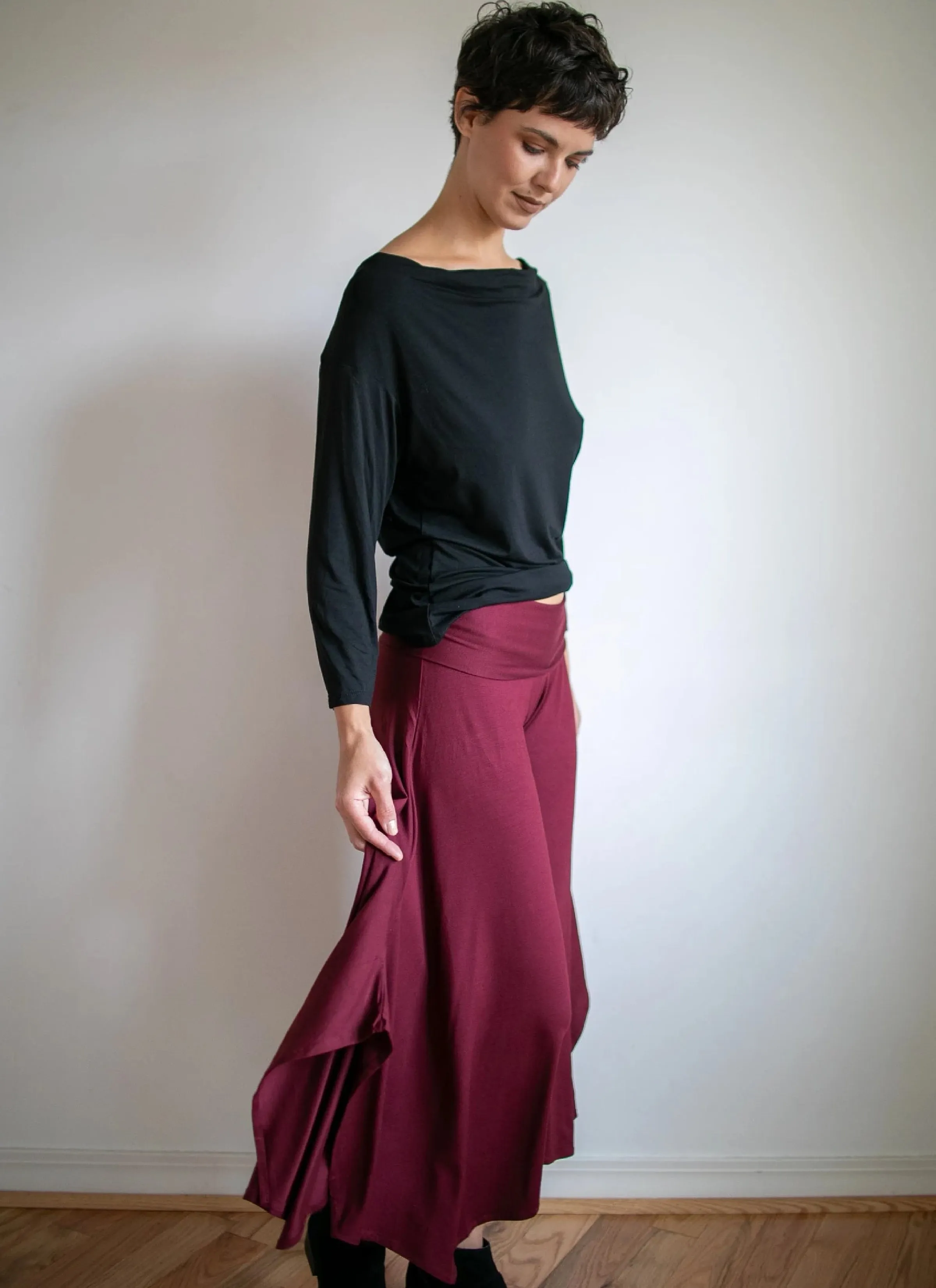 Wide Leg High Waist Gaucho Pants with Fold Over Waistband in Burgundy