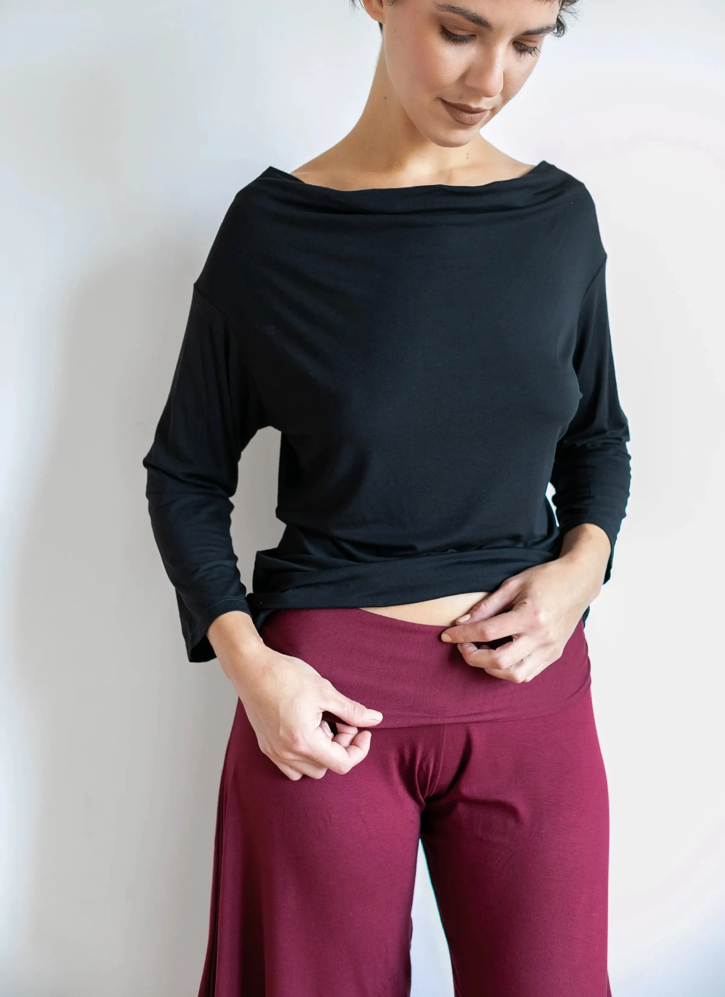 Wide Leg High Waist Gaucho Pants with Fold Over Waistband in Burgundy