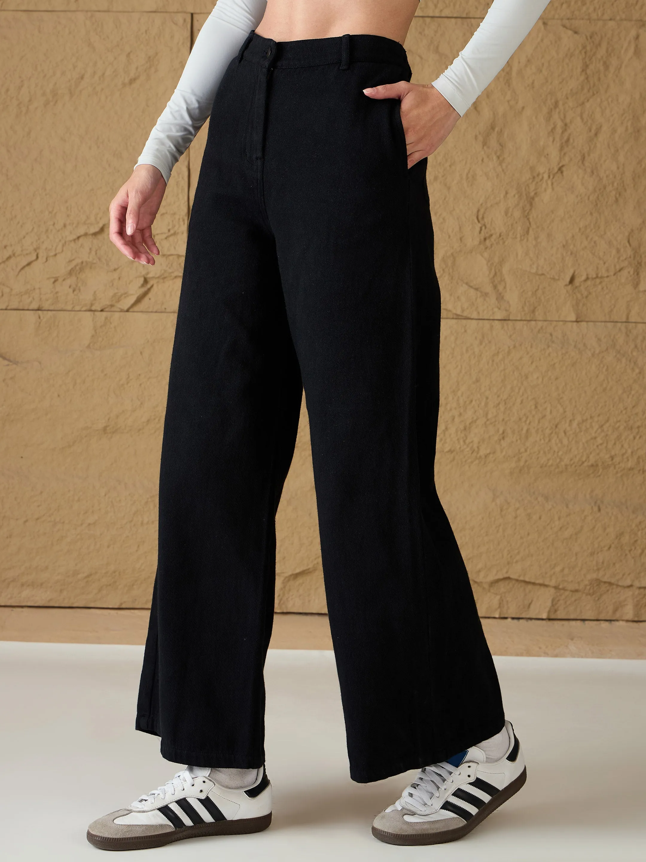 Women Black Denim Flared Pants