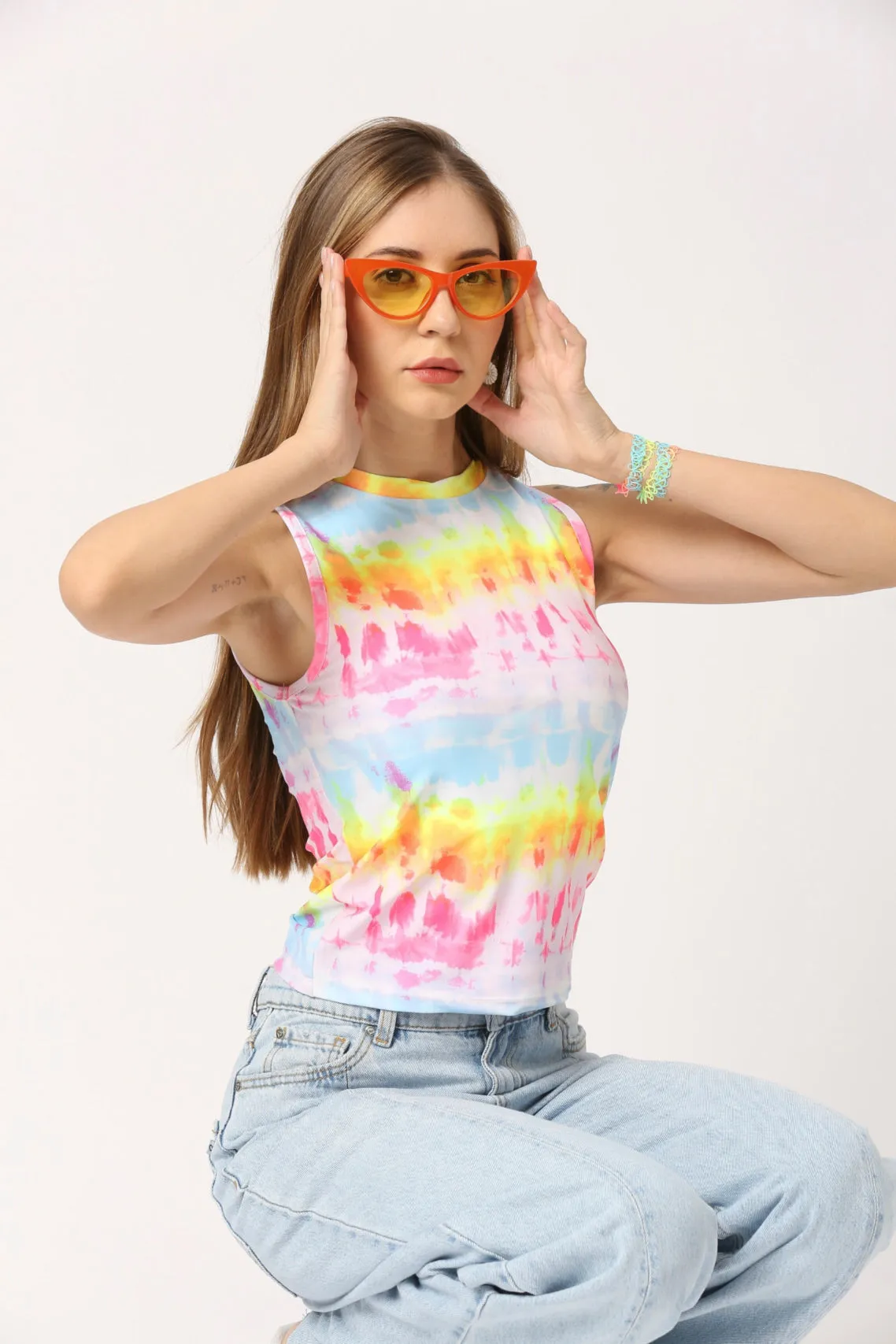 Women Multi Color Rainbow Round Neck Sleeveless Fitted Top