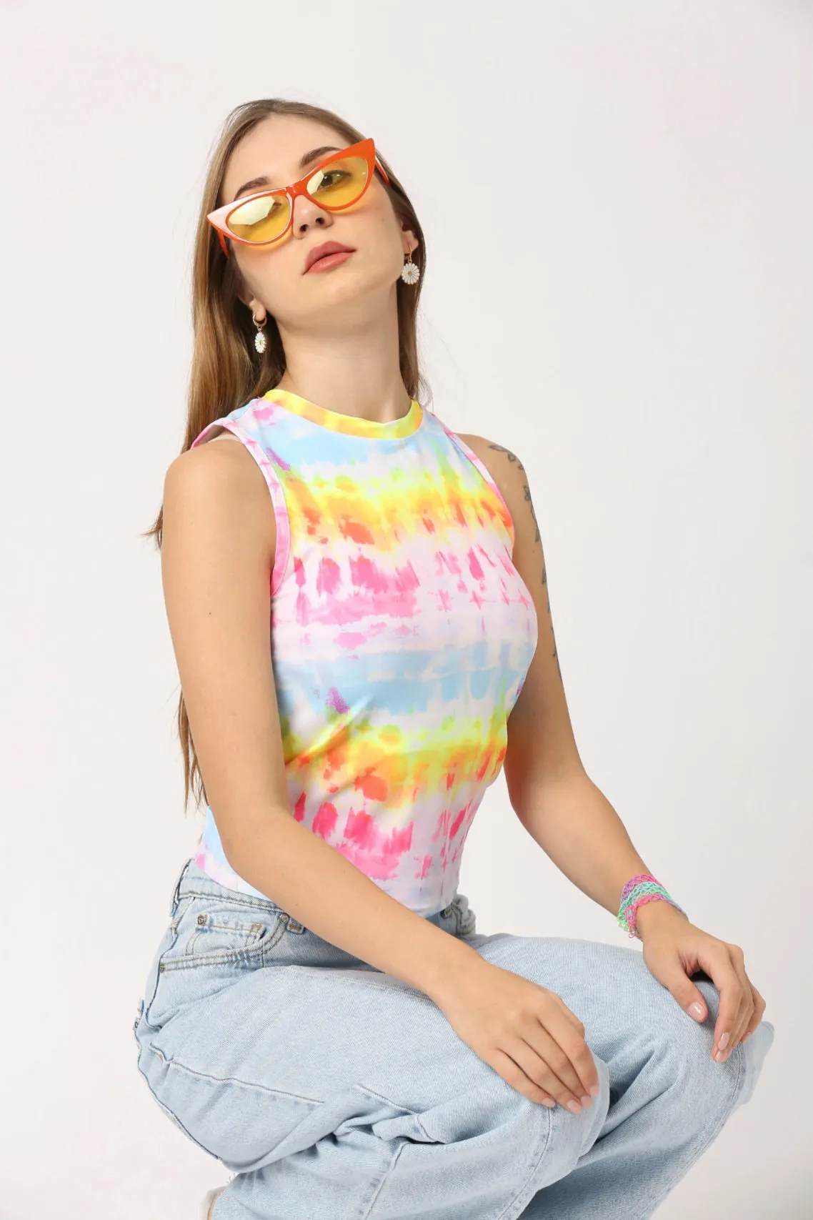 Women Multi Color Rainbow Round Neck Sleeveless Fitted Top