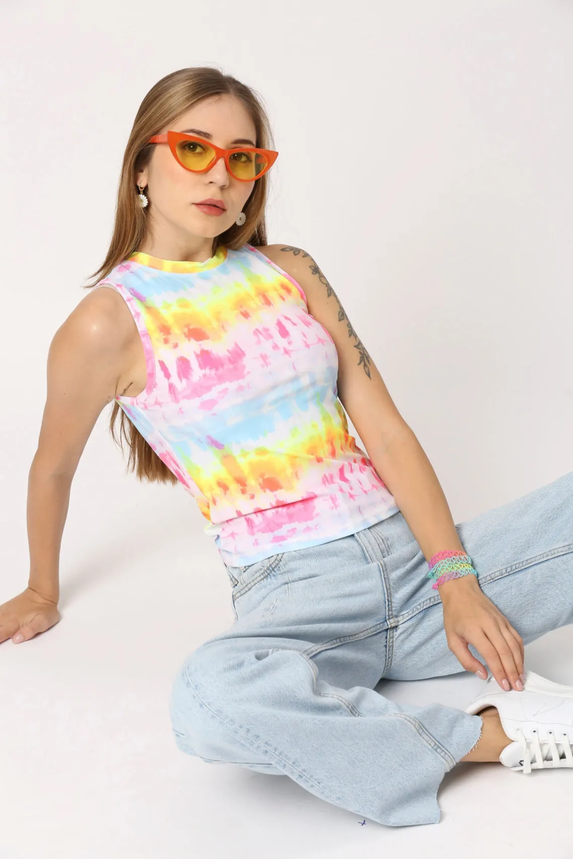 Women Multi Color Rainbow Round Neck Sleeveless Fitted Top