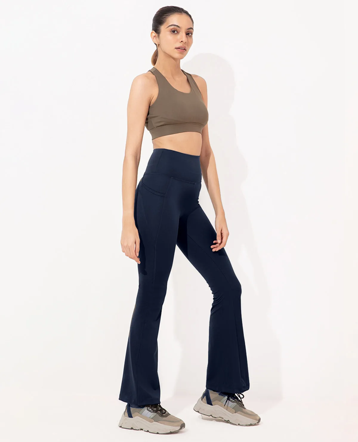 Women Stretchable Long Length Flared Pants Navy