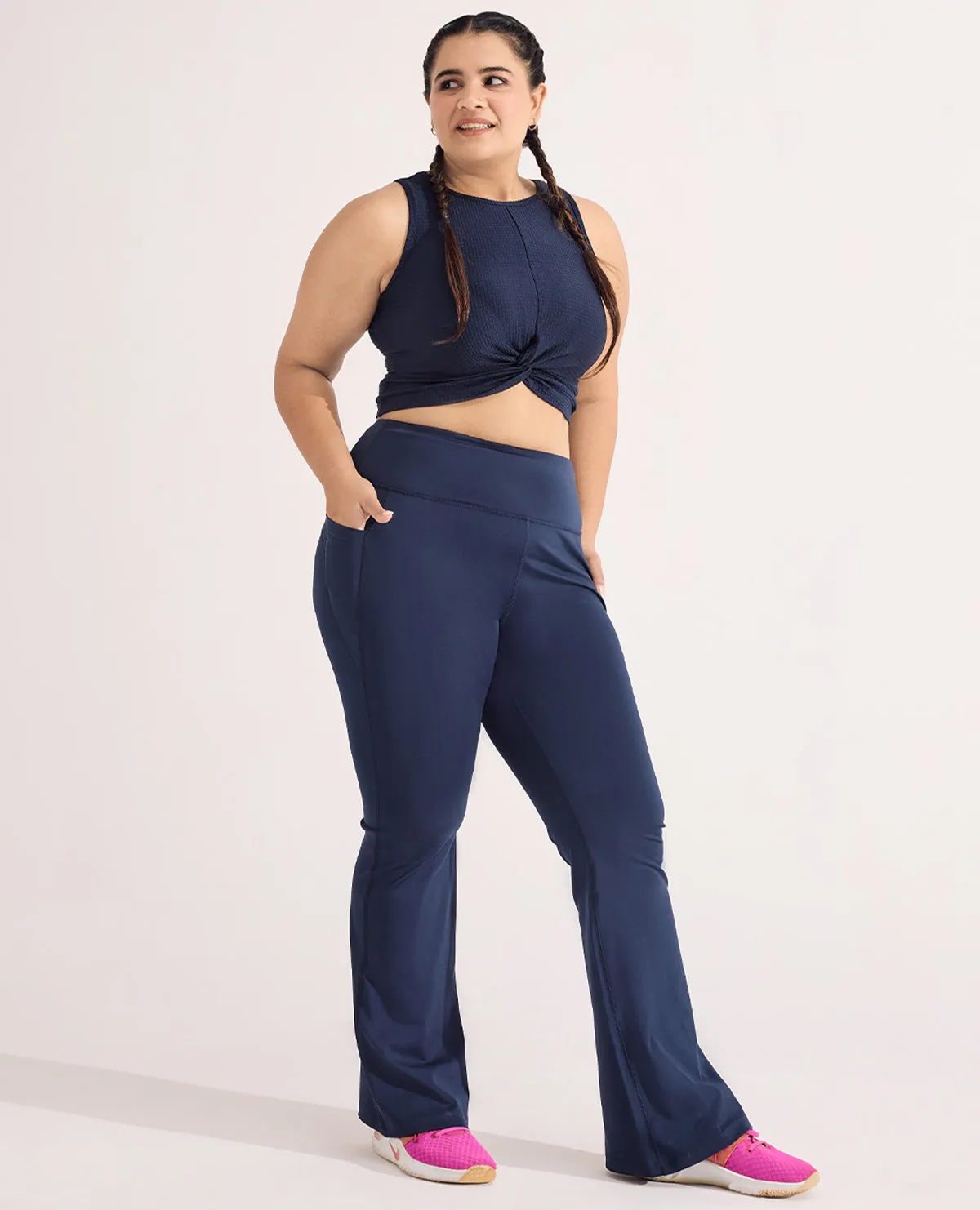 Women Stretchable Long Length Flared Pants Navy