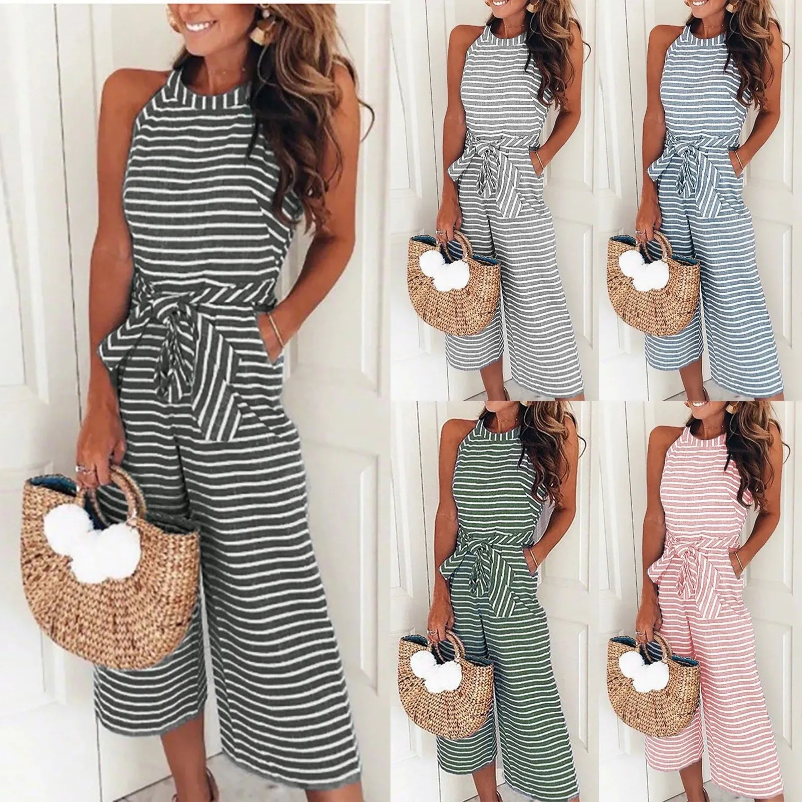 Women's Fashion Slim Sexy Pocket Striped Round Neck Sleeveless Jumpsuit